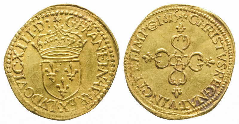 LOUIS XIII (1610-1643). Demi écu d’or (1,67 g.), 1615 Rouen, différent couronne ...