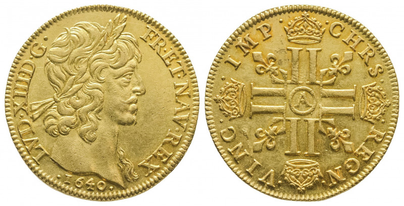 LOUIS XIII (1610-1643). Double louis de Warin, (13,5 g.) lauriers sans baies, 16...