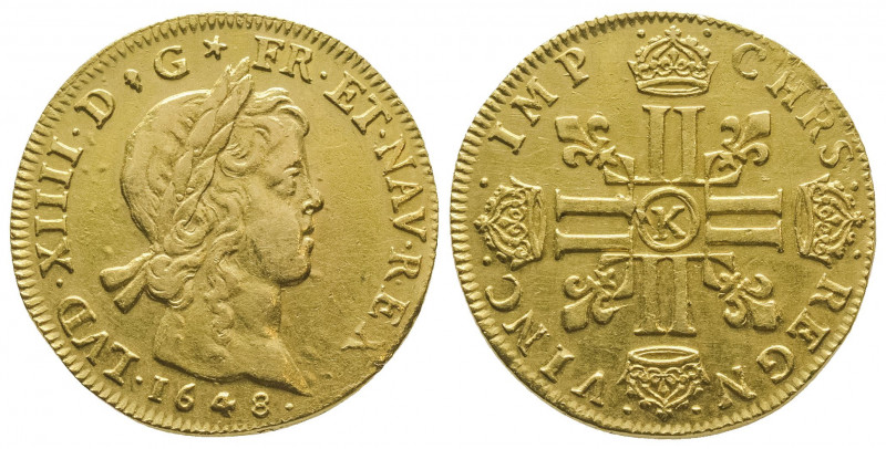 LOUIS XIV (1643-1715). Double louis à la mèche longue, (13,25 g.), 1648 Bordeaux...