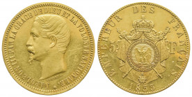 NAPOLEON III (1852-1870). Essai de la 5 francs tête nue, 1853 par Bouvet en or (24,78 g et 1,5 mm d’épaisseur).
Ref : G 731.
TTB. Très petit choc sur ...