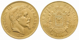 NAPOLEON III (1852-1870). 100 francs laurée, 1869 Strasbourg (32,19 g.).
Ref : G 1111.
TTB