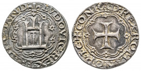 LOUIS XII (1498-1515). Teston de Gênes au portail génois, (8,35 g.).
R/ Croix dans un polylobe.
Ref : Dy 742, Ciani 1033.
Rare et TTB