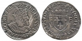 FRANCOIS I (1515-1547). Teston de Rouen (B) aux F accostant l’écu de France. Buste du roi cuirassé avec couronne fermée, (9,21 g.).
Ref : Dy.910A, Ci...