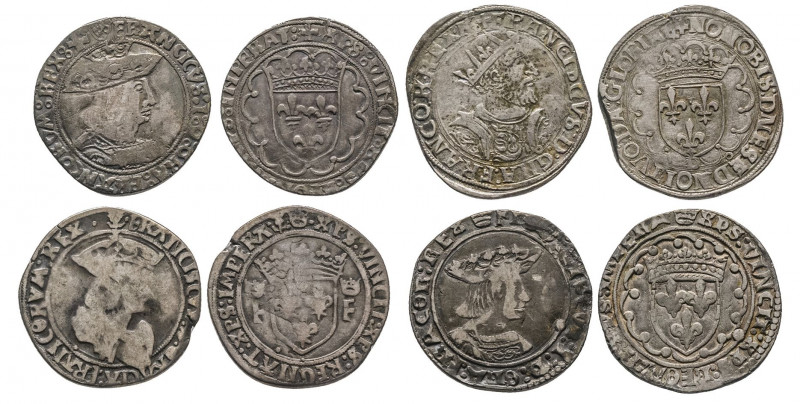 FRANCOIS I (1515-1547). Lot de 4 testons de types variés dont un faux. Les 4, B ...