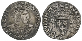 FRANCOIS I (1515-1547).
Teston de Bretagne du 7° type, pour Rennes au buste du roi barbu portant un collier. Au revers, dans un polybole, 2 hermines ...