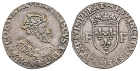 FRANCOIS I (1515-1547). 
Demi teston du 28° type au petit buste cuirassé et couronne fleurdelisée, pour Rouen (B), (4,75 g.).
Ref : Dy 911, Ciani 1138...