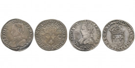 CHARLES IX (1560-1574).
Lot de 2 testons (1er et 4ème type) : Toulouse 1562 et Lyon 1572, (9,24 g. et 9,42 g.).
Ref : Dy 1063 et 1071, Sb. 4602 et 461...