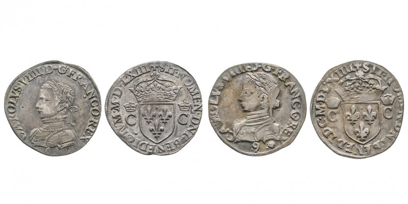 CHARLES IX (1560-1574).
Lot de deux demi testons, 1563 Paris et 1564 Rennes, (4,...