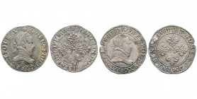 HENRI III (1574-1589). 
Franc d’argent, lot de 2 ex. : 1580 Paris et 1581 Poitiers, (14,06 g. et 13,92 g.). Ref : Dy 1130, Sb. 4714.
Les 2, TTB