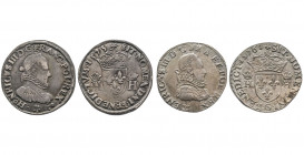 HENRI III (1574-1589). 
Lot de 2 testons au buste du roi cuirassé avec une fraise : 1575 Bayonne et 1576 Poitiers, (9,37 et 9,52 g.).
Ref : Dy 1126, S...