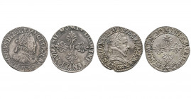 HENRI III (1574-1589). 
Lot de 2 demi francs :
buste avec fraise 1578 Bordeaux (7,09 g.) (beau portrait, petite retouche) et buste au col plat 1587 Po...