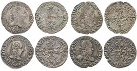 HENRI III (1574-1589). 
Lot de quatre quarts de franc : 1576 Rennes, 1588 Riom et 2 autres.
Les 4, TTB