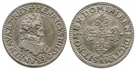 HENRI IV (1589-1610). 
Piéfort de poids quadruple (14.04 g) du quart de franc de 1607 (date sous l’épaule du buste) à tranche inscrite PERENNITATI PRI...