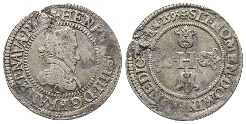 HENRI IV (1589-1610).
Demi franc, 1595 Saint Lô, ( 6,81 g.).
Ref : Dy. 1212, S...