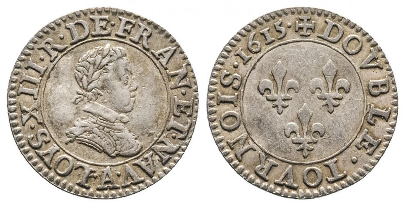 Louis XIII (1610-1643). Double tournois sur flan d’argent (2,25g) au buste lauré...