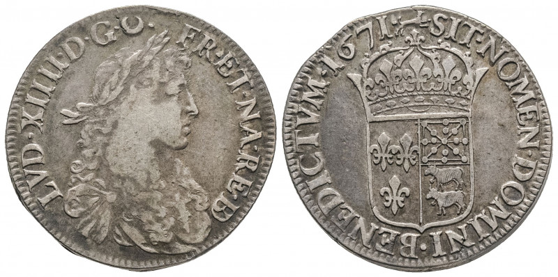 LOUIS XIV (1643-1715). Ecu au buste juvénile du Béarn, 1671, Pau (26,93 g.).
Ref...