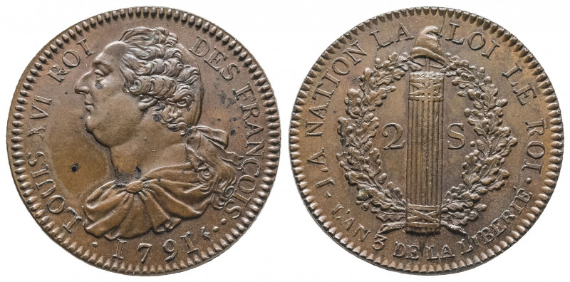 LOUIS XVI (1774-1792). Essai en cuivre du 2 sols au faisceau 1791, an 3 : type n...