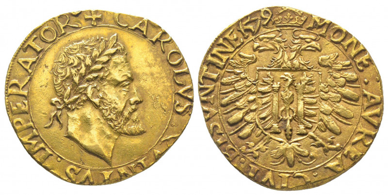 BESANCON. Charles Quint (1515-1556). Double pistole (13.22 g), 1579 (9 sur 8).
R...