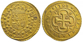 ESPAGNE. Philippe V (1700-1746). Huit escudos de Séville, 1703 j.
Ref : Fr 247, Calico 472.
TTB