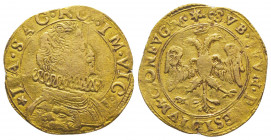 ITALIE. Maccagno,
Giacomo Mandelli (1618-1645).
Doppia (6,15g) au buste cuirassé avec col à fraise du comte de Maccagno, vicaire du Saint Empire. R/ A...