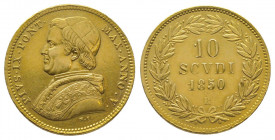 Vatican. Pie IX (1846-1878).
Dix scudi, 1850 Rome (17.29 g.).
Ref : Fr 270. TTB, nettoyé (micro rayures) et manipulations