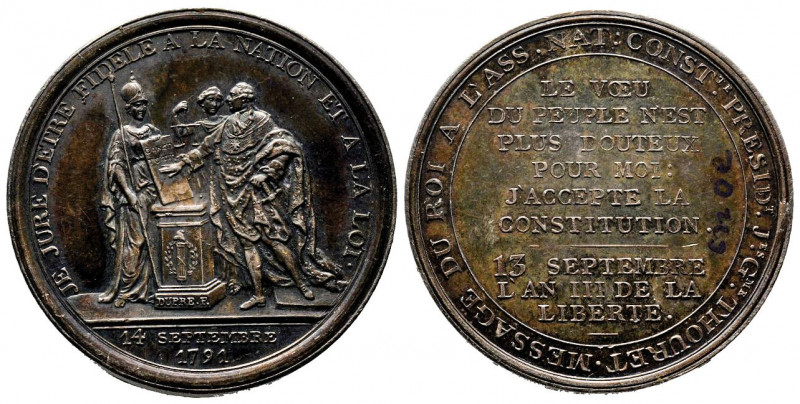 France, LE SERMENT du ROI. Monneron d’argent (36.5 mm) daté du 14 septembre 1791...