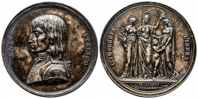 CONSTITUTION de la REPUBLIQUE CISALPINE (1797). Médaille d’argent (48 mm) au buste de Bonaparte par Vassallo.
Ref : Hennin 793, Essling 710.
Superbe e...