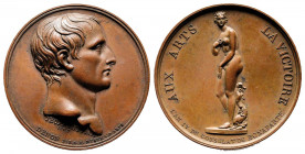 Consulat. VISITE du CONSUL au LOUVRE. Médaille de bronze datée (40 mm) au buste de Bonaparte par Jeuffroy.
R/ Statue de la Vénus au dauphin.
Ref : Bra...