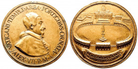 VATICAN.
PORTIQUE de la PLACE SAINT PIERRE.
Fonte de bronze doré (77 mm) datée 1657 au buste du pape Alexandre VII par Gaspare Mola (G.M.).
R/ Vue de ...