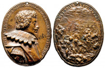 FRANCE. CHARLES DELORME.
Fonte ovale (55 x 42,5 mm) datée 1628 au buste du célèbre médecin par Abraham Dupré. Delorme (1584-1678) fut successivement ...