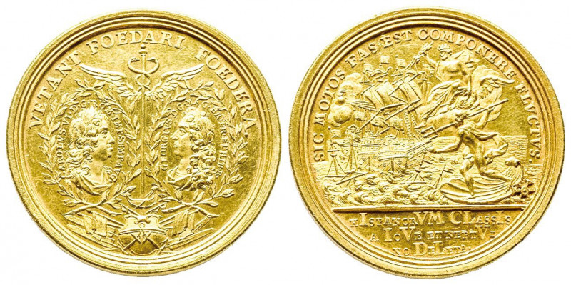 BATAILLE NAVALE de MESSINE.
Grande médaille d’or (44 mm et 34,96 g) de 1718 par...