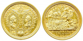 BATAILLE NAVALE de MESSINE.
Grande médaille d’or (44 mm et 34,96 g) de 1718 par G.W.Vestner n.d. aux bustes affrontés de l’empereur Charles VI et de ...
