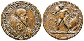 VATICAN. PAUL III (1468-1549).
Médaille de bronze (42 mm) au buste à droite du pape Alexandre Farnèse pour la dernière année (an. XVI)
de son pontific...