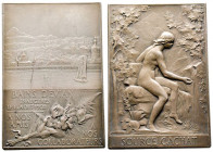 PLAQUETTES. Lot de 3 plaquettes (61x46 mm), époque 1900 : rare épreuve d’auteur en argent du Club Alpin Français par Roty, Source Cachat-Bains d’Evian...