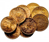 Divers. Lot de 10 p. d’or : sept 20 f. Suisses Vreneli 1930 B, une 20 lire Victor Emmanuel II de 1877 et deux 20 mark (Prusse 1878 et 1888). On joint ...