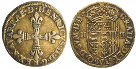 Bearn. Henri II (1572-1589).
Quart d’écu, 1585 au nom d’Henri II, (9,54 g.), ancienne dorure.
Ref : Dy F. 1325 v. TTB