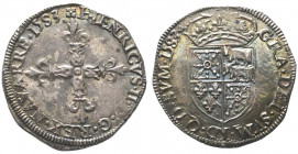 Bearn. Henri II (1572-1589). Quart d’écu, 1583 à l’écu écartelé de Navarre, Béarn et Bourbon (9,39 g.).
Ref : Dy F 1327 v.
Exemplaire Superbe et finem...