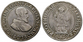 Metz. Charles I Cardinal (1557-1559). Thaler au Saint Etienne, 1557 B (Bergeron), (28,75 g.).
Ref : Robert 668, FLON p.766 n°1.
D’une grande rareté et...