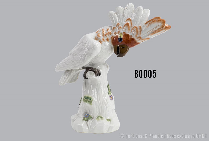 Porzellan-Kakadu, Meissen, 3. Wahl, Modell-Nr. 57 A, 149d, H ca. 23,5 cm, am Bod...