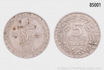 Weimarer Republik, 5 RM 1925 D, Jahrtausendfeier der Rheinlande, 36 mm, J. 322, Patina, etwas fleckig, winzige Randfehler, fast vorzüglich