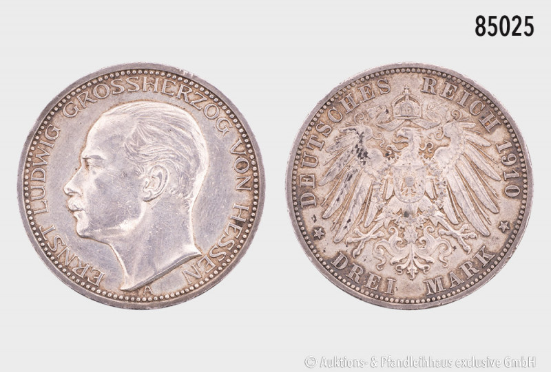 Deutsches Reich (Kaiserreich), Hessen, 3 Mark 1910 A, Silber, 33 mm, J. 76, Rand...