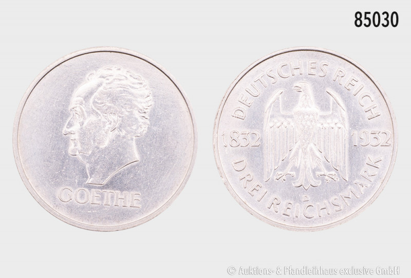 Weimarer Republik, 3 RM 1932 D, Goethe, 30 mm, J. 350, gereinigt, fast vorzüglic...