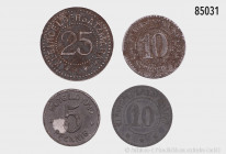 Konv. Notgeld, bestehend aus Löwenberg/Schl., 5 Pfennig 1920, 10 Pfennig Münsterberg (sehr selten), 25 Pfennig Neustadt O.S. und 10 Pfennig Schwarzenb...