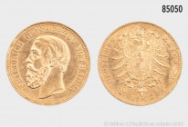 Baden, 20 Mark 1873 G, 900er Gold, 7,96 g, 22,5 mm, J. 184, winziger Randfehler, berieben, Reinigungsspuren (?), sehr schön