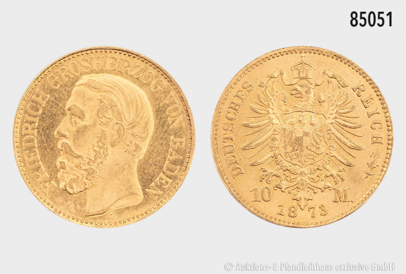 Baden, 10 Mark 1873 G, 900er Gold, 3,99 g, 19,5 mm, J. 183, berieben, sehr schön...
