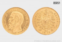 Baden, 10 Mark 1873 G, 900er Gold, 3,99 g, 19,5 mm, J. 183, berieben, sehr schön