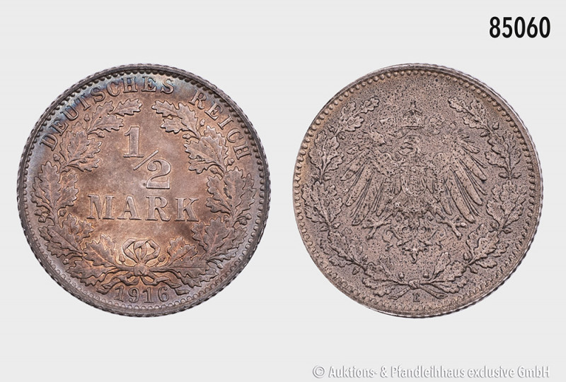 Deutsches Reich, 1/2 Mark 1916 E, Silber, 20 mm, J. 16, herrliche Patina, vorzüg...