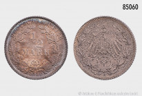 Deutsches Reich, 1/2 Mark 1916 E, Silber, 20 mm, J. 16, herrliche Patina, vorzüglich-fast Stempelglanz