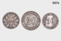 Deutsches Reich (Kaiserreich), Konv. 3 Kursmünzen, 50 Pennig 1877 D, Silber, Jaeger 8, 50 Pfennig 1877 B, Jaeger 7 und 20 Pfennig 1888 D, Jaeger 6, se...
