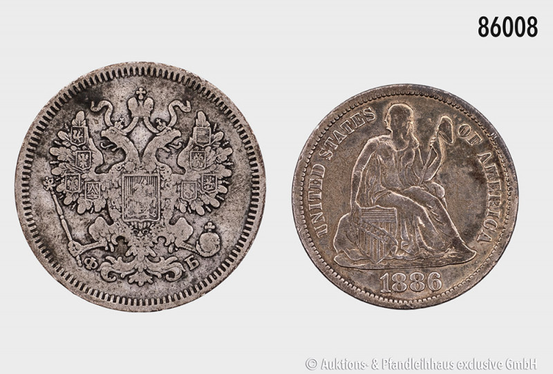 Konv. Russland, 15 Kopeken 1860 und USA One Dime 1886, schön-sehr schön